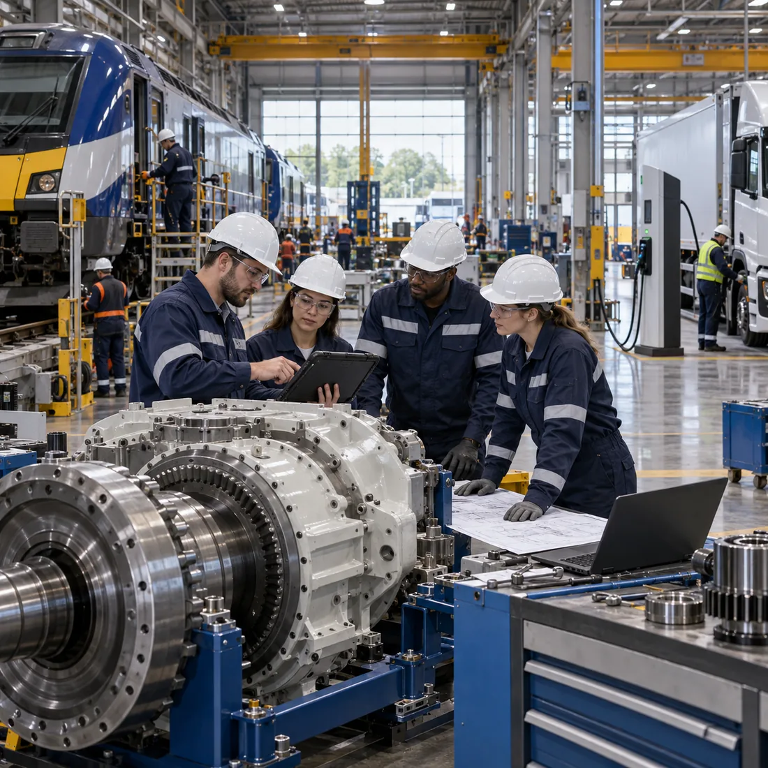 Engineering team reviewing drawings around a traction assembly on a workshop floor