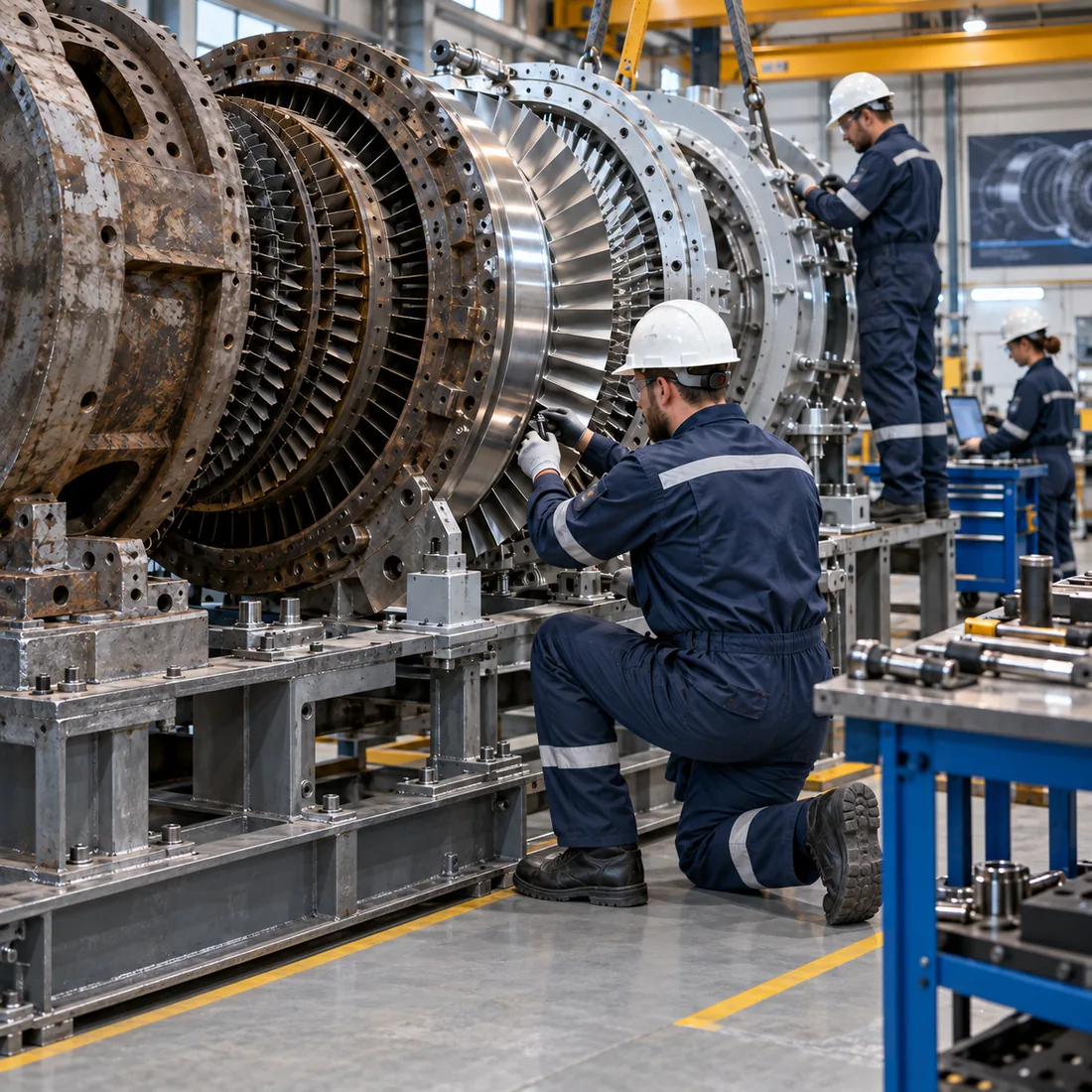 Engineers overhauling a large rotor assembly in a remanufacturing workshop